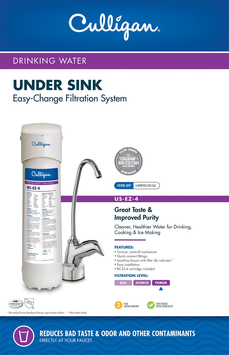 Culligan نظام ترشيح مياه الشرب من كوليجان US 4 EZ-Change مع صنبور مخصص وفلتر متميز، وحدة واحدة، كروم - Image 1