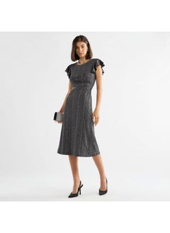 FAV Textured Midi Dress with Flutter Sleeves and Tie-Up Belt  - Image 2