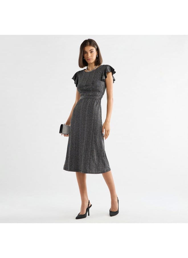 FAV - Textured Midi Dress with Flutter Sleeves and Tie-Up Belt - Image 1