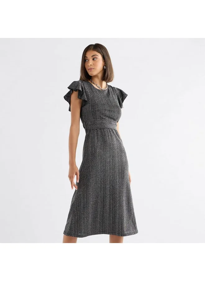 FAV Textured Midi Dress with Flutter Sleeves and Tie-Up Belt