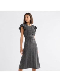 FAV Textured Midi Dress with Flutter Sleeves and Tie-Up Belt  - Image 1