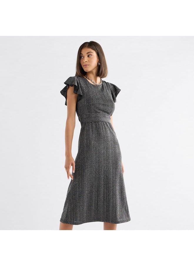 FAV - Textured Midi Dress with Flutter Sleeves and Tie-Up Belt - Image 1