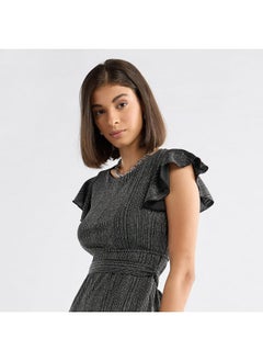 FAV Textured Midi Dress with Flutter Sleeves and Tie-Up Belt  - Image 4