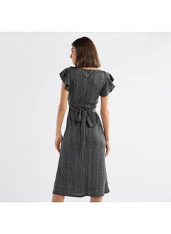 FAV Textured Midi Dress with Flutter Sleeves and Tie-Up Belt  - Image 3