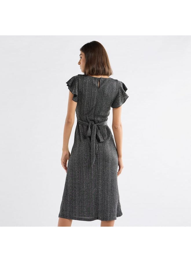 FAV - Textured Midi Dress with Flutter Sleeves and Tie-Up Belt - Image 1