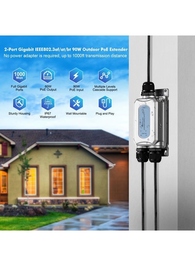 MokerLink Outdoor 3 Port Gigabit PoE Extender, IEEE 802.3 AF/at/BT PoE Repeater 90W, 10/100/1000Mbps, 1 PoE in 2 PoE Out, Wall Mount IP67 Waterproof POE Passthrough Switch - Image 2