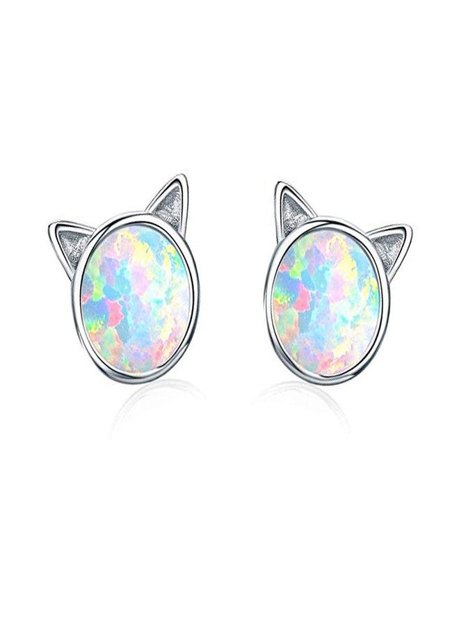 CiNily Cat Ear Stud Earrings-White Opal Stud Earrings White Gold Plated Kitten Earrings Cute Cat Earring Studs for Little Earrings - Image 1