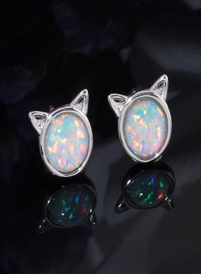 CiNily Cat Ear Stud Earrings-White Opal Stud Earrings White Gold Plated Kitten Earrings Cute Cat Earring Studs for Little Earrings - Image 5