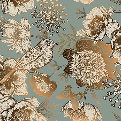 ReWallpaper 175in x 23ft Peel and Stick Wallpaper Antique Gold Teal Flowers Birds Self Adhesive Removable Floral Wallpaper for Bedroom Renter Friendly Contact Paper for Walls Cabinets Shelf - Image 1