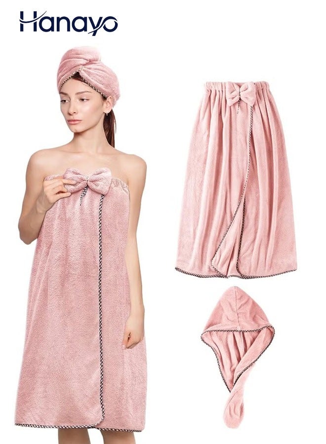 Hanayo 2 Pcs Bath Towel Set Women Bath Wrap Hair Towel Adjustable Soft Towels Bath Wrap Hair Towel Super Water Absorption Shower After Body Cover(Pink) - Image 1