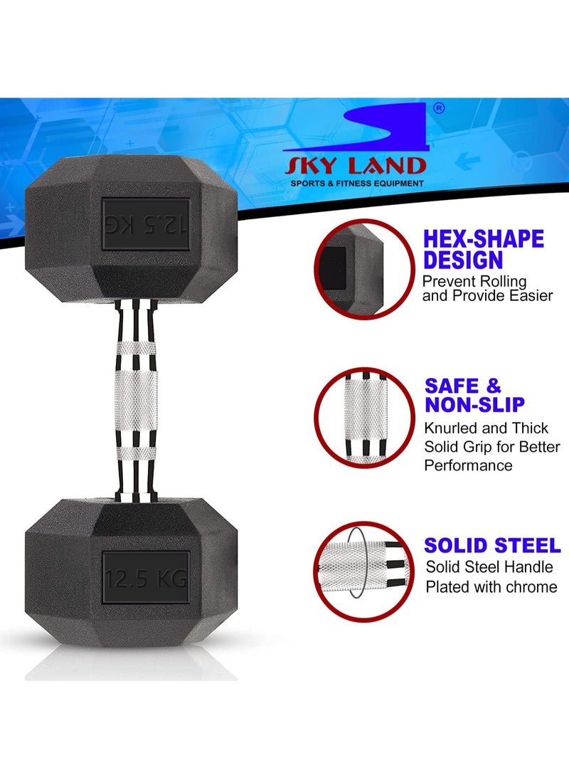 Sky Land - Set Of 2 Rubber Coated Hex Dumbbells, 1 Pair, 2x12.5kg | Exercise Weight Dumbbells, Chrome Plated for Strength Training Weights - Image 1