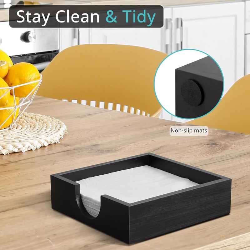 Bivvclaz حامل مناديل خشبي للطاولة لحامل المناديل الورقية حامل مناديل مسطح لحامل مناديل الغداء لحامل المناديل لمطبخ ديكور طاولة العشاء موزع مناديل للاستخدام الداخلي والخارجي أسود - Image 3