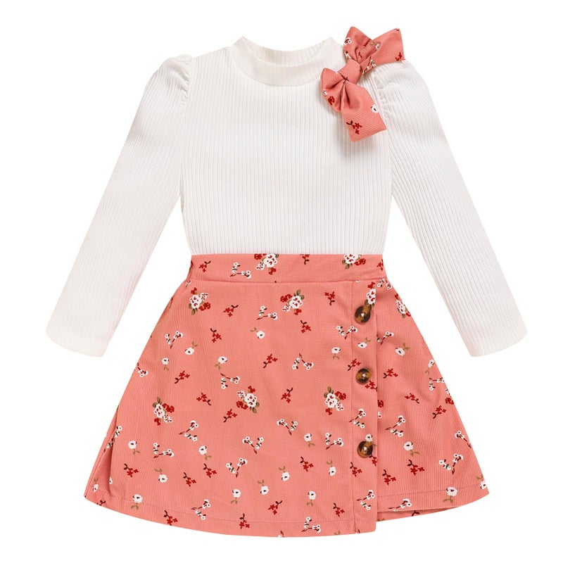 TITKKOP Toddler Girl Plaid Outfits Fall Winter Dress Knit Ribbed Bow Sweatshirt Tops and Button Fashion Skirts Setï¼ˆpink+flower,2T - Image 1