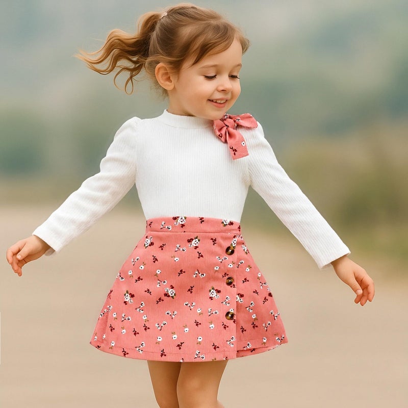 TITKKOP Toddler Girl Plaid Outfits Fall Winter Dress Knit Ribbed Bow Sweatshirt Tops and Button Fashion Skirts Setï¼ˆpink+flower,2T - Image 2