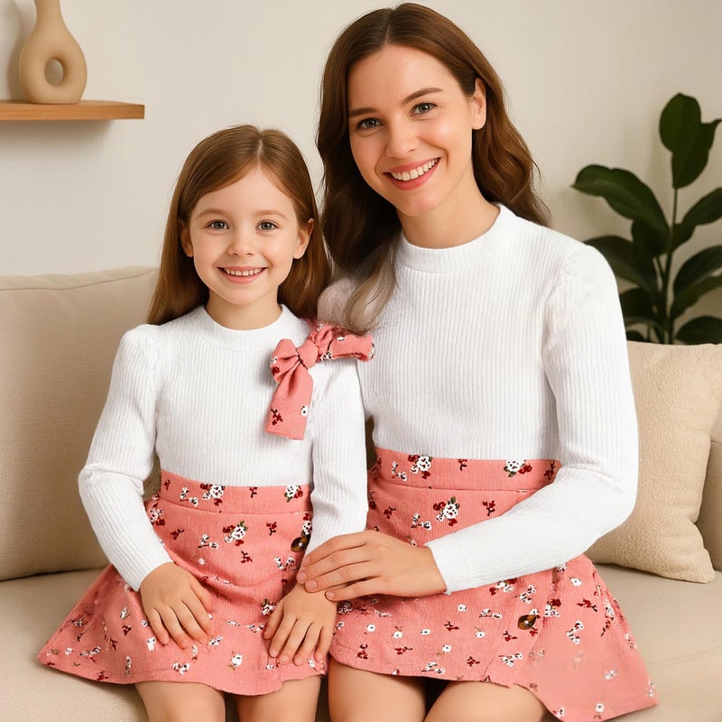 TITKKOP Toddler Girl Plaid Outfits Fall Winter Dress Knit Ribbed Bow Sweatshirt Tops and Button Fashion Skirts Setï¼ˆpink+flower,2T - Image 4