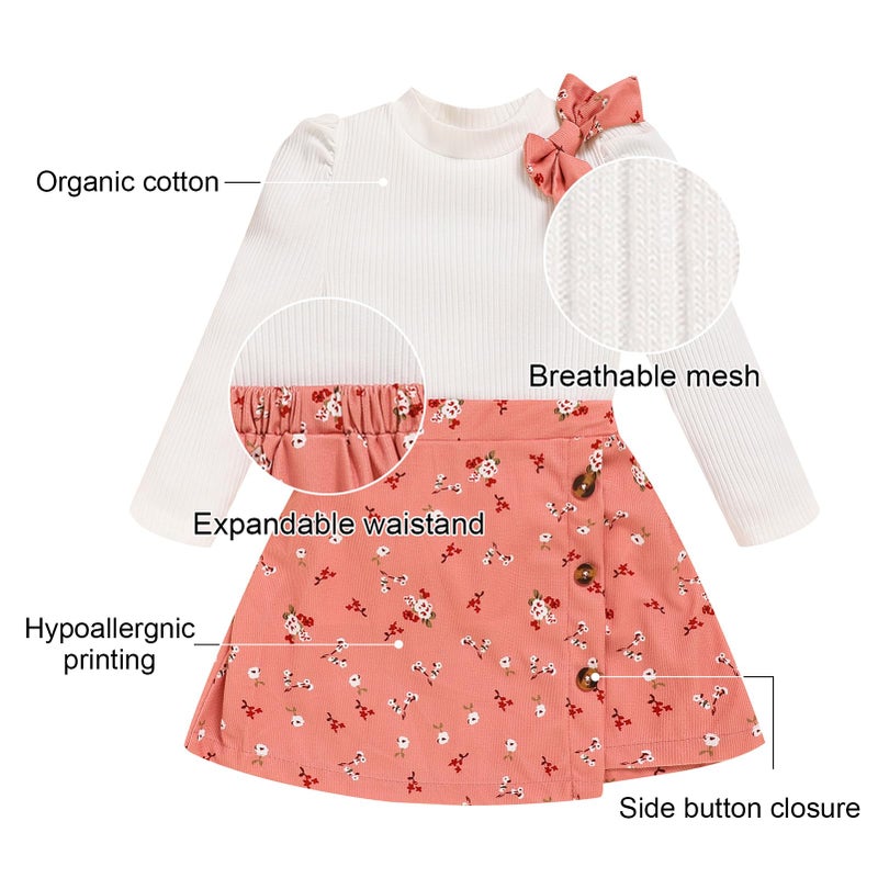 TITKKOP Toddler Girl Plaid Outfits Fall Winter Dress Knit Ribbed Bow Sweatshirt Tops and Button Fashion Skirts Setï¼ˆpink+flower,2T - Image 5