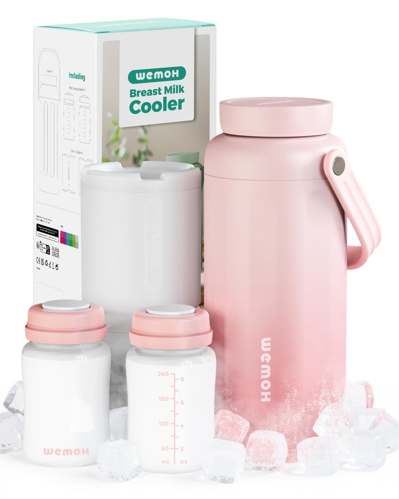 WEMOH Breast Milk Cooler Bottle - 12H+ Ice-Cold/24H Safe Storage, Compatible with Spectra Pumps, TSA Approved Travel Chiller, 18oz (2x9oz) Lightweight Leakproof Container for Work, Pink - Image 1