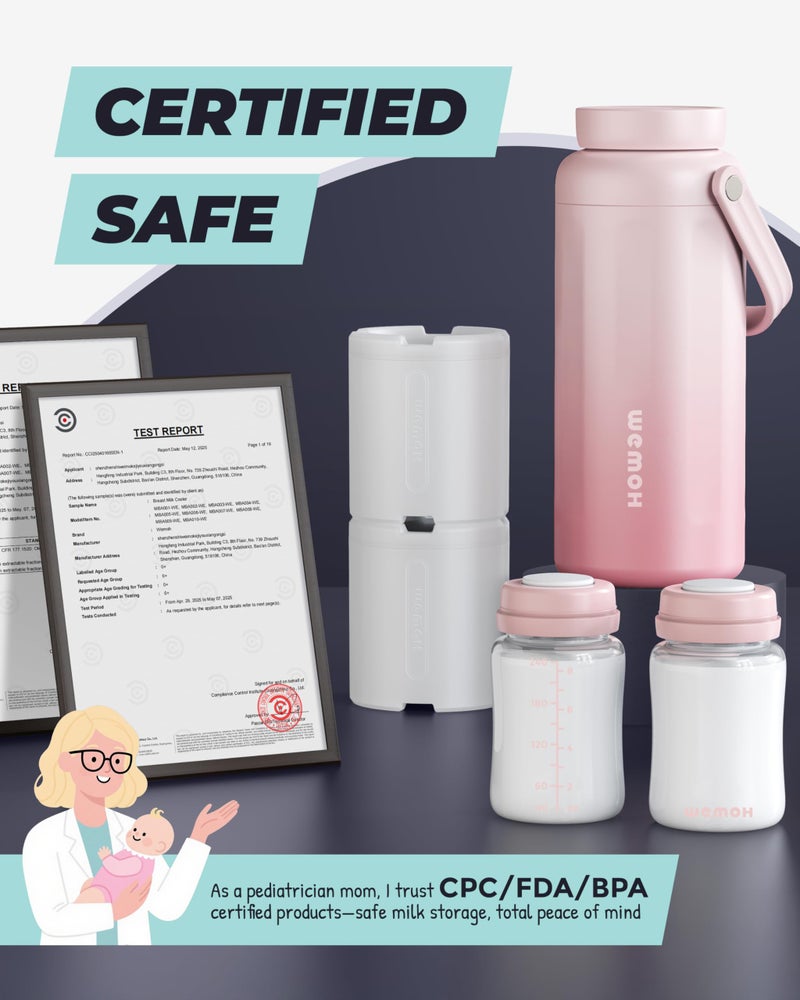 WEMOH Breast Milk Cooler Bottle - 12H+ Ice-Cold/24H Safe Storage, Compatible with Spectra Pumps, TSA Approved Travel Chiller, 18oz (2x9oz) Lightweight Leakproof Container for Work, Pink - Image 5