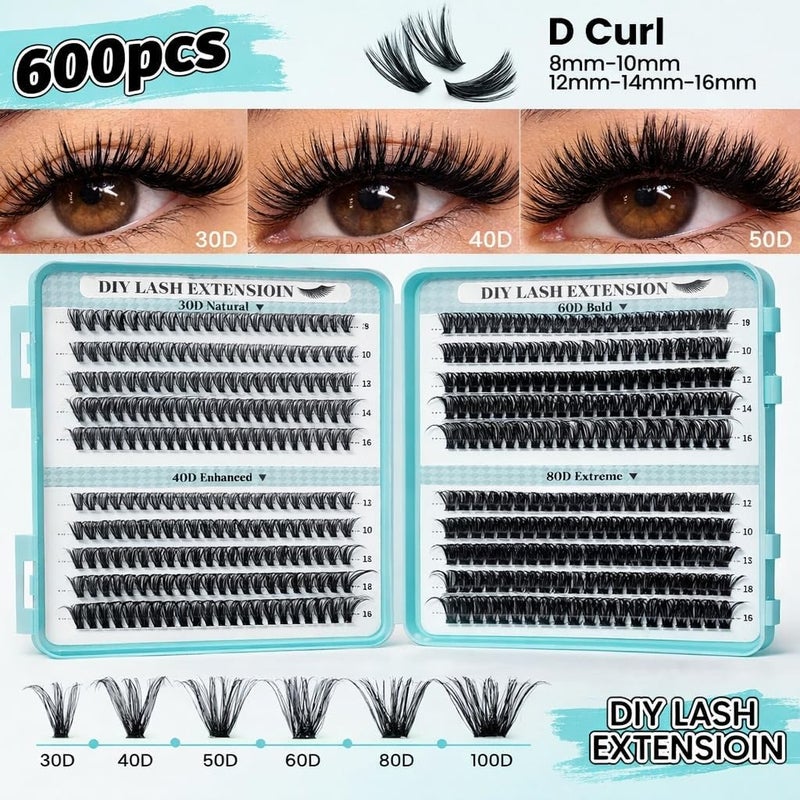 رموش جيمورو مجموعة تركيب الرموش DIY، 600 قطعة من الرموش العنقودية بكثافة 30D–100D، وأطوال مختلطة 8–16 مم، مع مادة الربط والإغلاق، مزيل الرموش، ملقط و10 فرش، رموش ممتدة بأسلوب صالون في المنزل. - Image 3