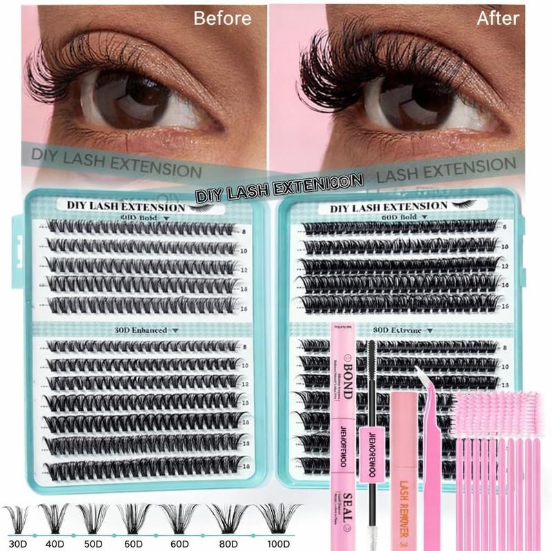 رموش جيمورو مجموعة تركيب الرموش DIY، 600 قطعة من الرموش العنقودية بكثافة 30D–100D، وأطوال مختلطة 8–16 مم، مع مادة الربط والإغلاق، مزيل الرموش، ملقط و10 فرش، رموش ممتدة بأسلوب صالون في المنزل. - Image 2
