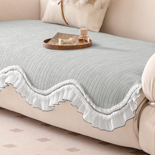 HOKIPO 'French Lace & Luxe' Sofa Cover Mat for 1/2/3 Seater & L Shape Sofa. Make Your Own Sofa Cover Set, Anti-Slip Mat Length 90(D) x 150(L) cm, Featherlight Grey (AR-6132-GRY) - Image 1