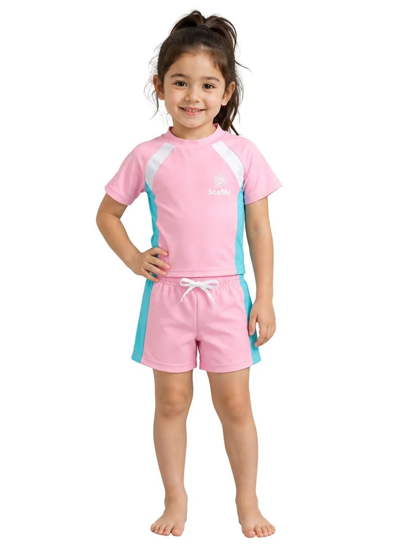 Babyqlo Girls Pink Blue Rash Guard Swim Set