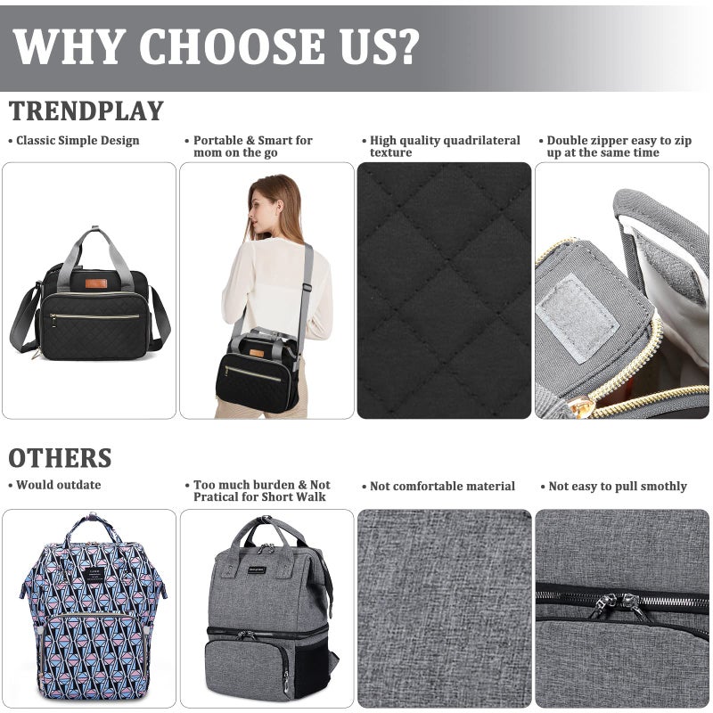 TRENDPLAY حقيبة حفاضات صغيرة للفتيات - حقيبة سفر وحقيبة تنظيم عربة الأطفال متعددة الوظائف لحفاضات الأمومة للأمهات والآباء والأطفال، ضرورية للسفر مع الأطفال الصغار، سوداء - Image 5