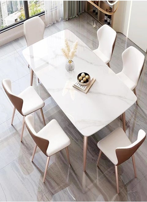 Modern Multipurpose Industrial Standard Rectangle Sintered Stone Dining Table and 6 Curved Ergonomic Chair Set for Kitchen Restroom140x80x75 and 43x54x84 cm