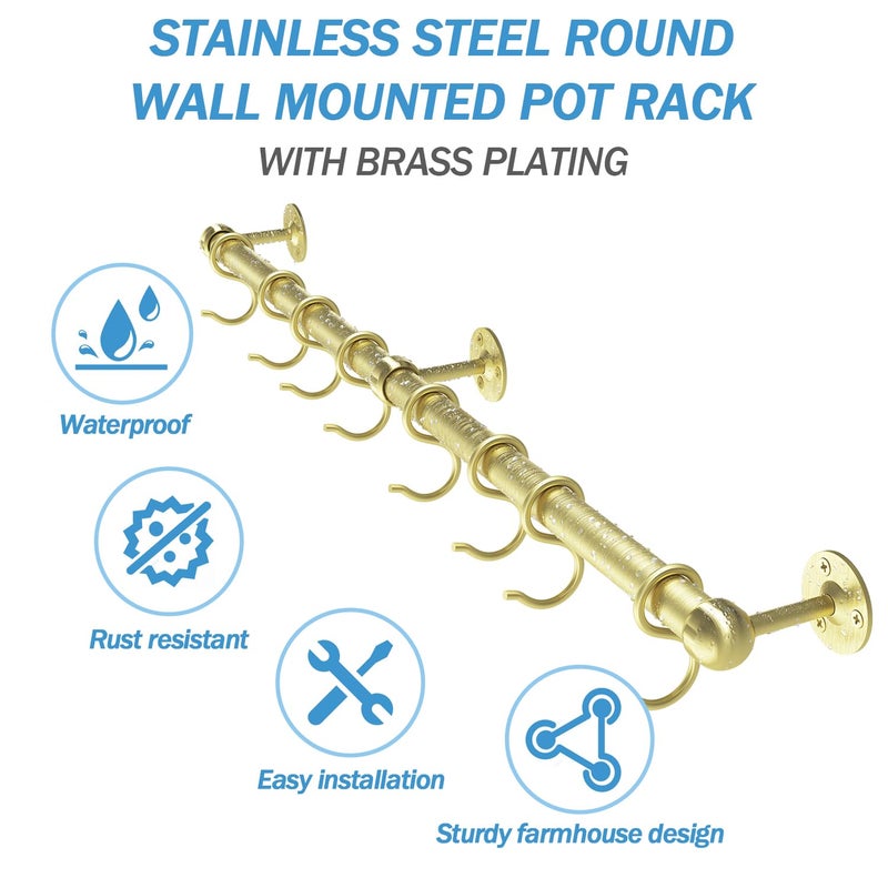ROTHLEY Stainless Steel Pot and Pan Hanger - 39.4 Inch Wall Mounted Hanging Pots and Pans Rack for Kitchen Wall Rail with Hooks (Brass) - Image 3