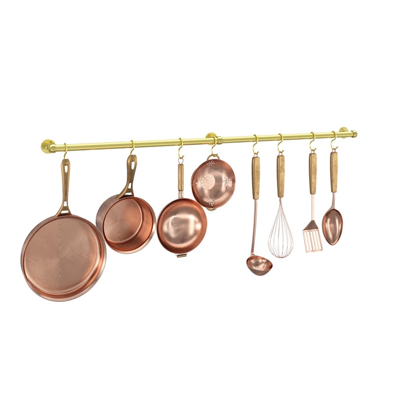 ROTHLEY Stainless Steel Pot and Pan Hanger - 39.4 Inch Wall Mounted Hanging Pots and Pans Rack for Kitchen Wall Rail with Hooks (Brass) - Image 1