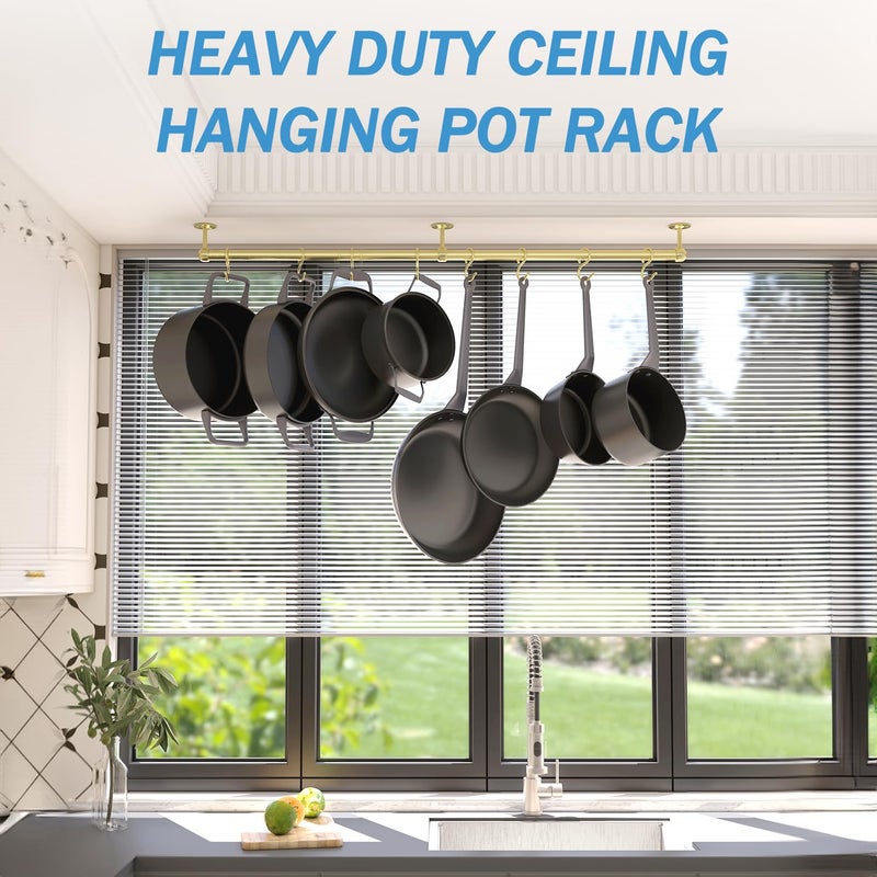 ROTHLEY Stainless Steel Pot and Pan Hanger - 39.4 Inch Wall Mounted Hanging Pots and Pans Rack for Kitchen Wall Rail with Hooks (Brass) - Image 4