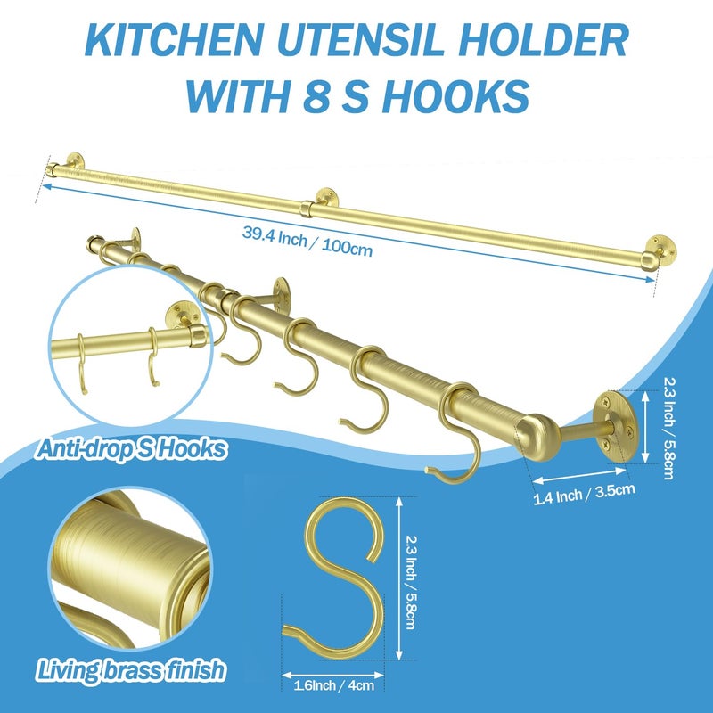 ROTHLEY Stainless Steel Pot and Pan Hanger - 39.4 Inch Wall Mounted Hanging Pots and Pans Rack for Kitchen Wall Rail with Hooks (Brass) - Image 2