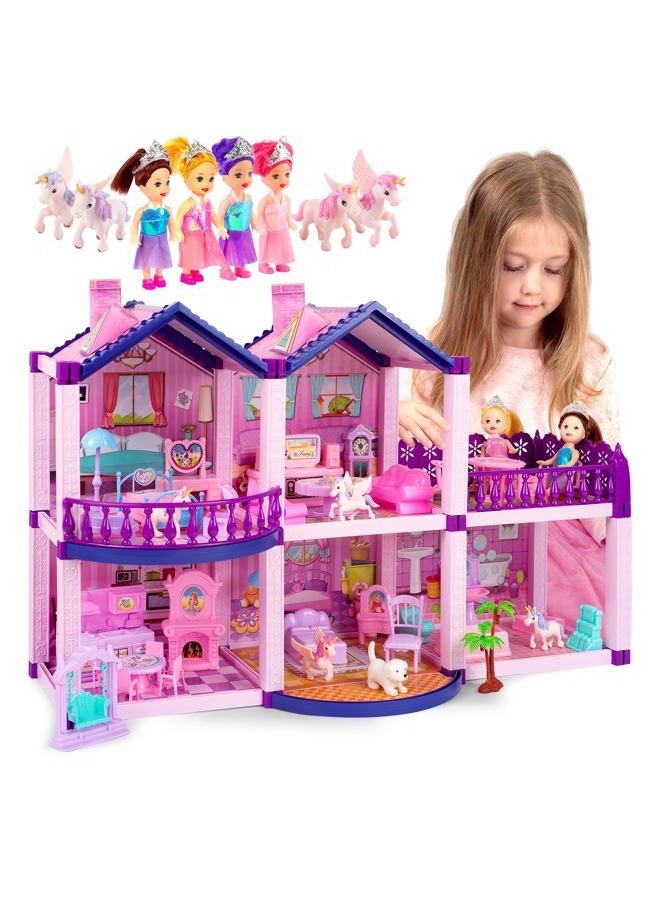 TOMLEON Dollhouse w/ Princesses, 4 Unicorns and Dog Dolls - Pink / Purple Dream House Toy for Little Girls - 4 Rooms w/ Garden, Furniture and Accessories - Girls Ages 3 - 6 (4 Princesses) - Image 1