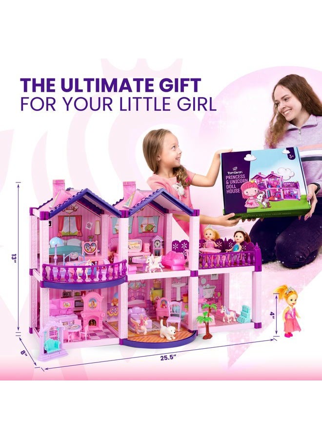 TOMLEON Dollhouse w/ Princesses, 4 Unicorns and Dog Dolls - Pink / Purple Dream House Toy for Little Girls - 4 Rooms w/ Garden, Furniture and Accessories - Girls Ages 3 - 6 (4 Princesses) - Image 3