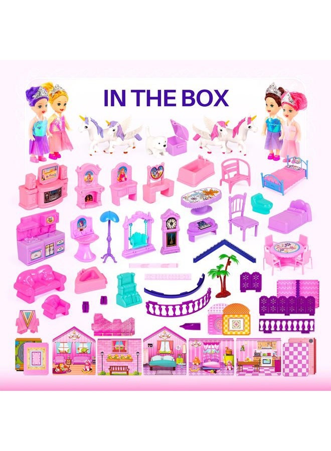 TOMLEON Dollhouse w/ Princesses, 4 Unicorns and Dog Dolls - Pink / Purple Dream House Toy for Little Girls - 4 Rooms w/ Garden, Furniture and Accessories - Girls Ages 3 - 6 (4 Princesses) - Image 2