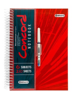 Bravo Concord Spiral Notebook with Free pen - 7 Subjects - 210 Sheets - A4 Size - Red