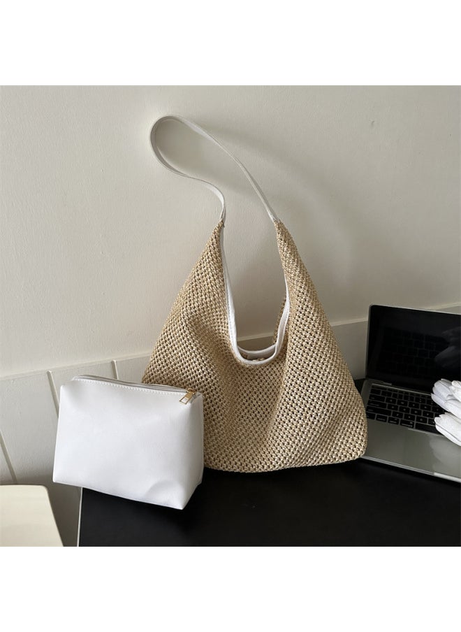 Loquat Casual Beach Summer Popular Woven Mother And Child Bag 2024 Fashionable Western Style One Shoulder Seaside Travel Beach Straw Bag-Color:5726 White  - Image 1