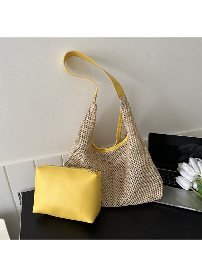 Loquat Casual Beach Summer Popular Woven Mother And Child Bag 2024 Fashionable Western Style One Shoulder Seaside Travel Beach Straw Bag-Color:5726 White  - Image 2
