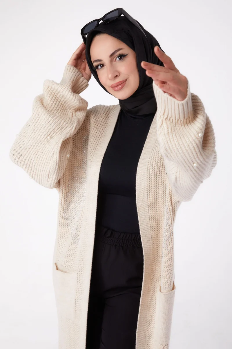Tofisa Plain Medium Women's Cream Pearl Knitted Cardigan - 26453