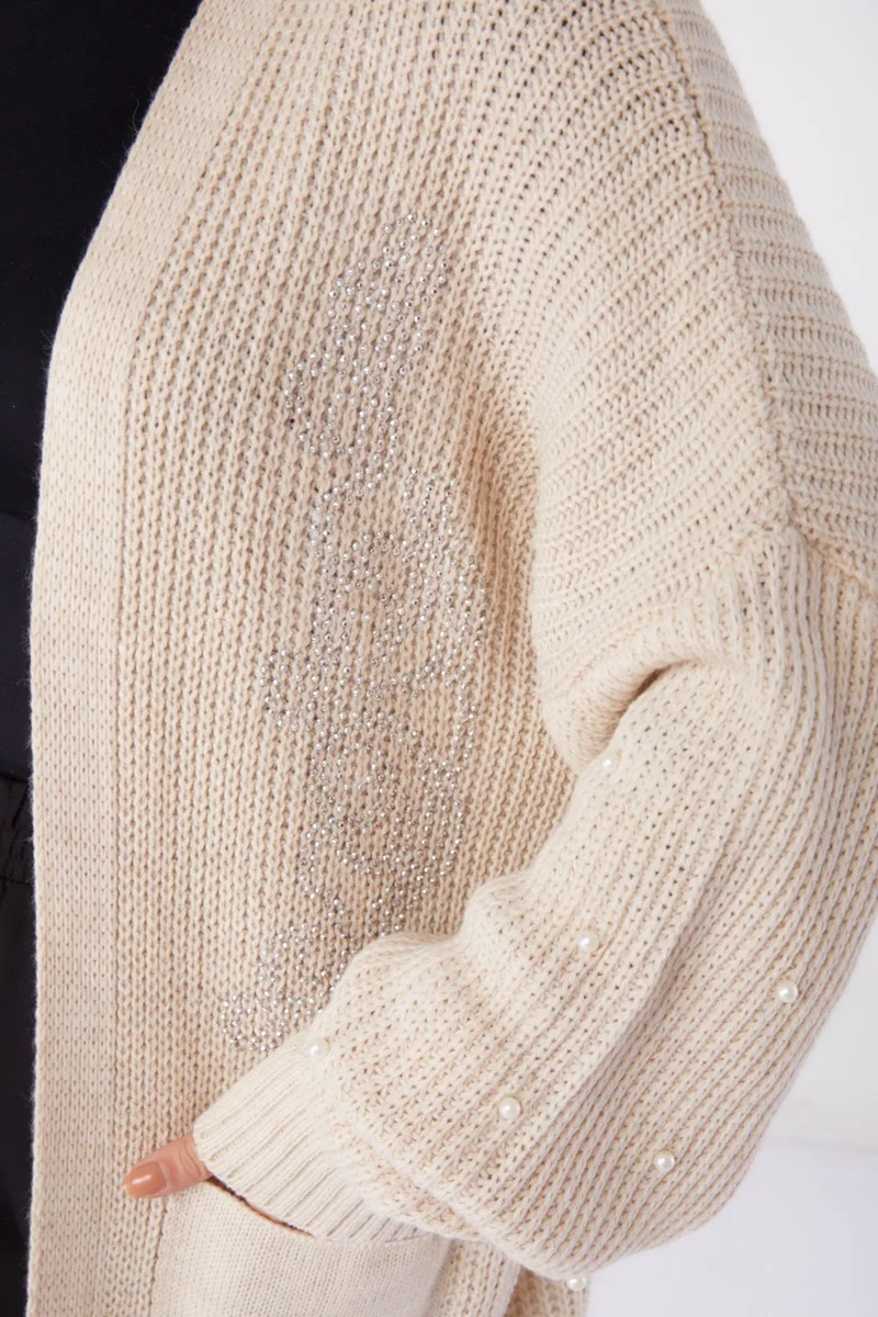 Tofisa Plain Medium Women's Cream Pearl Knitted Cardigan - 26453