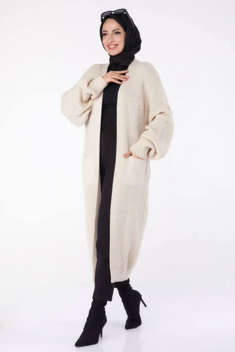 Tofisa Plain Medium Women's Cream Pearl Knitted Cardigan - 26453