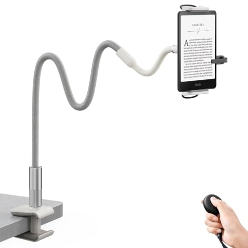 SAIJI Gooseneck Kindle Holder With Remote Page Turner, Tablet Holder for Bed, 39.3 in Flexible Lazy Arm，Free Hands Kindle Accessories, Leather Tablet Stand For Reading In Bed,Fits 4.7-11" Devices,Gray - Image 1