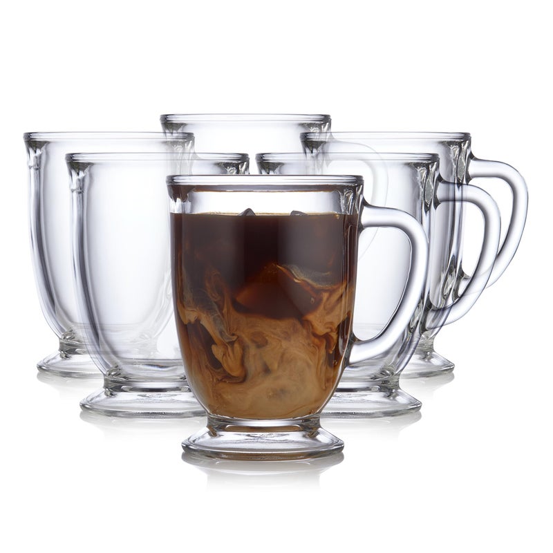 LIBBEY Libbey Kona Glass Coffee Mugs Set of 6  Elegant 16 Ounce Clear Tea Mug  Dishwasher Safe Glass Mugs with Handles for Tea Coffeeand Espresso 