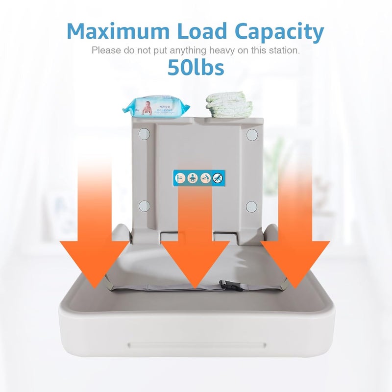 KSITEX Baby Changing Tables Fold-Down Baby Changing Station Wall-Mounted Vertical Portable Diaper Table Changing Unit Commercial Bathrooms Corner Nursery White Gray - Image 4