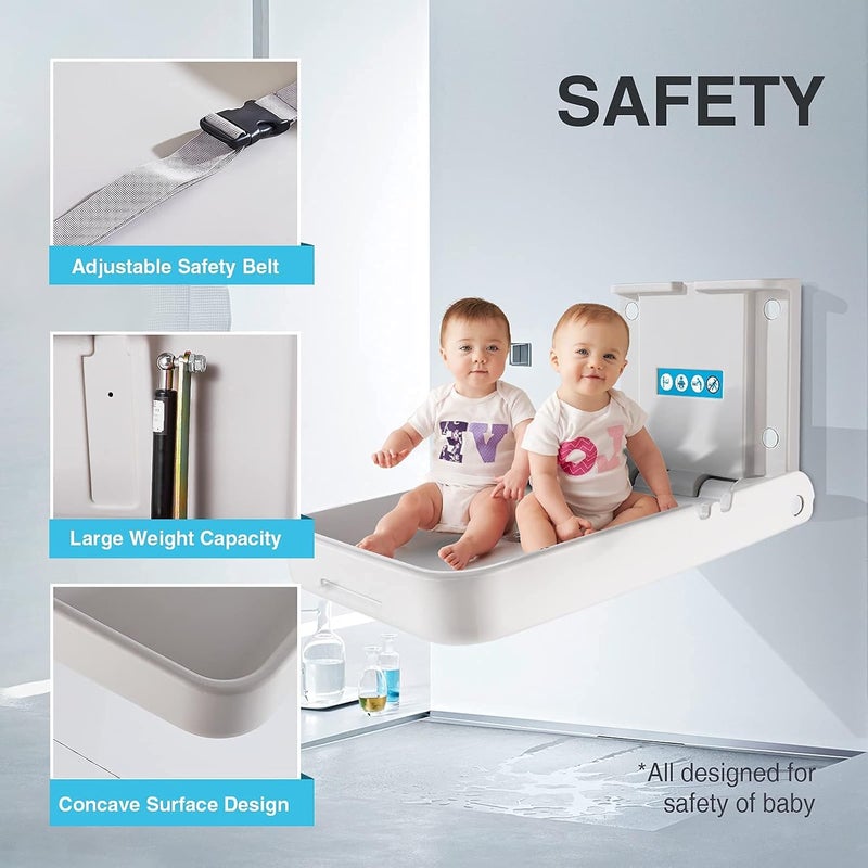 KSITEX Baby Changing Tables Fold-Down Baby Changing Station Wall-Mounted Vertical Portable Diaper Table Changing Unit Commercial Bathrooms Corner Nursery White Gray - Image 3