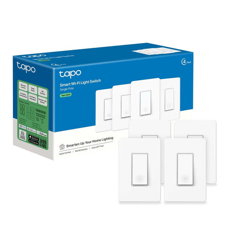 tapo TP-Link Tapo Smart Light Switch, Single Pole, Neutral Wire Required, 2.4GHz Wi-Fi Light Switch Compatible with Alexa and Google Home, UL Certified, No Hub Required, White, Tapo S500(4-Pack) - Image 1