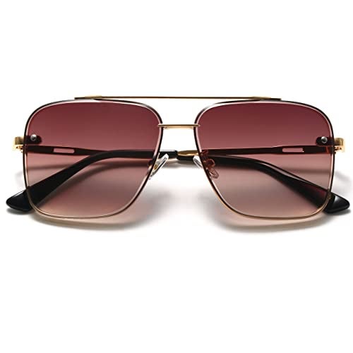 Breaksun Oversized Square Aviator Sunglasses for Men Women Fashion Metal Frame Aviator Sun Glasses Tinted Lens (Gold/Gradient Brown) - Image 1