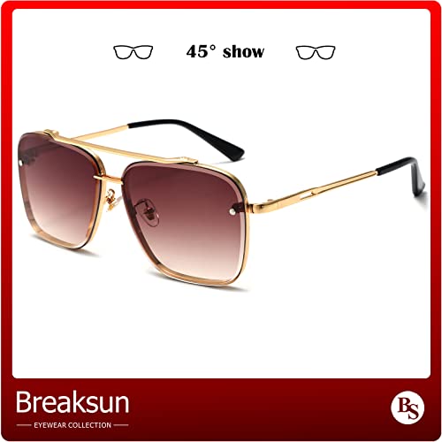 Breaksun Oversized Square Aviator Sunglasses for Men Women Fashion Metal Frame Aviator Sun Glasses Tinted Lens (Gold/Gradient Brown) - Image 5