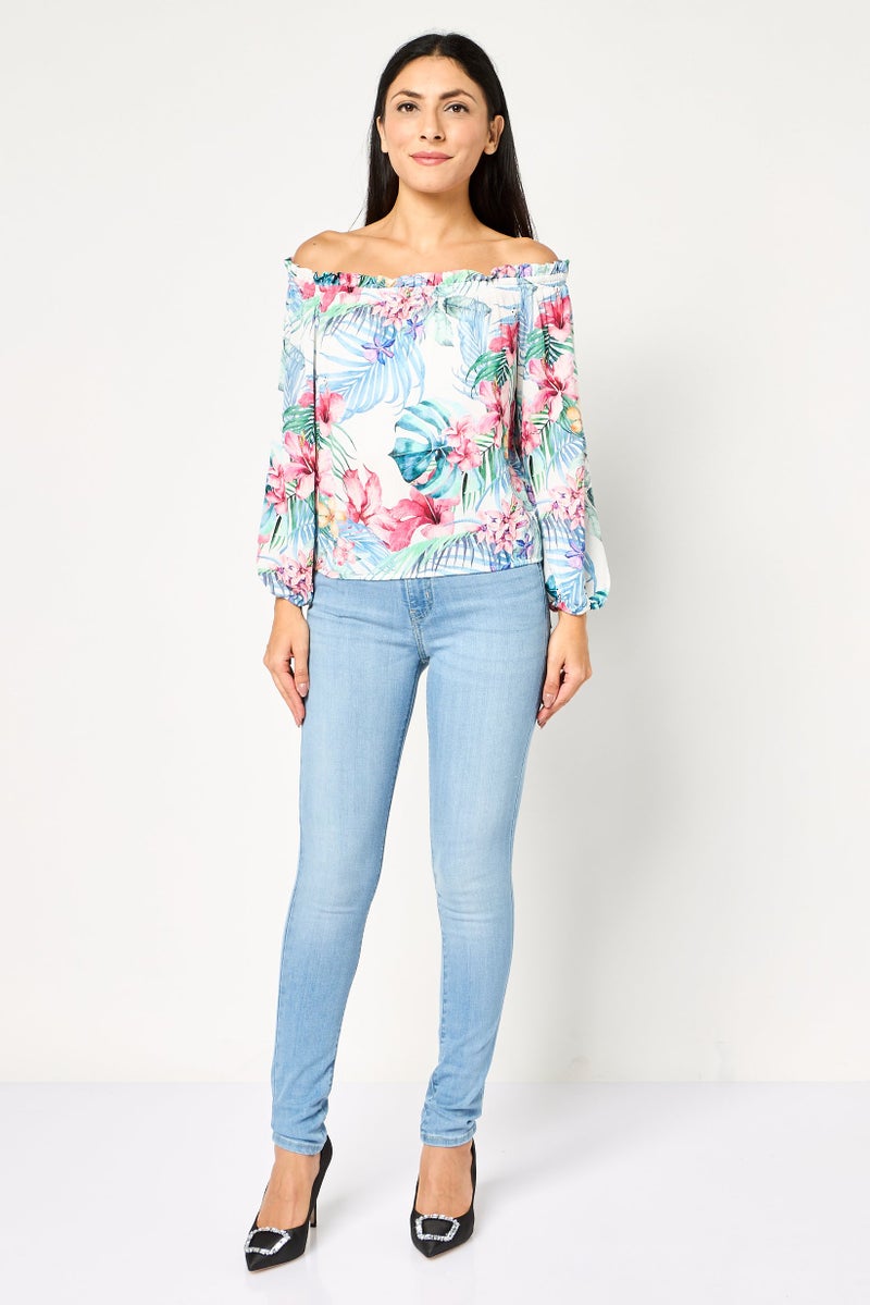 Mohito Women Off-Shoulder Neckline Long Sleeve Floral Print Top, Multicolor - Image 2