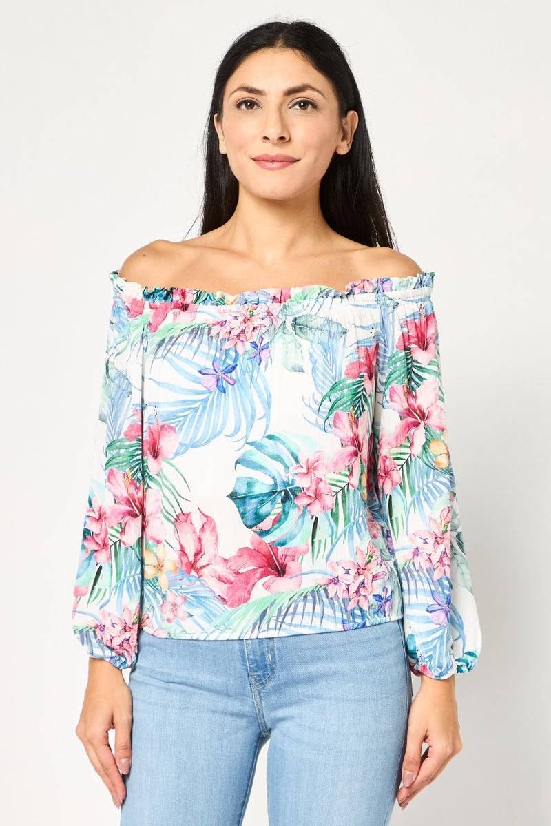 Mohito Women Off-Shoulder Neckline Long Sleeve Floral Print Top, Multicolor - Image 1